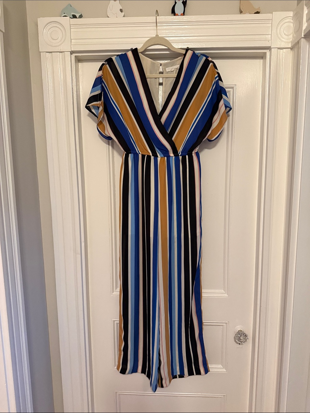june & hudson Striped V-Neck jumpsuit in Blue, Brown, Black & White small